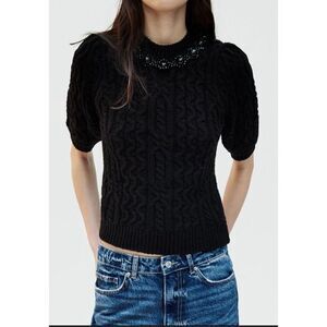 ZARA High Collar Cable Knit Sweater With Tonal Beads & Shorts Sleeves